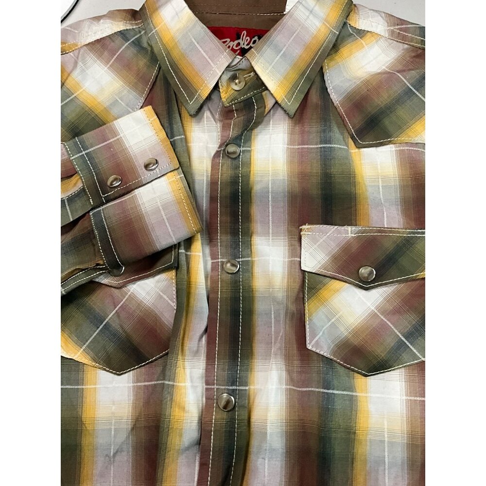 Youth Rodeo‎ Clothing Co. Plaid Western Shirt XL 18 Green/Brown/Gold/Ivory